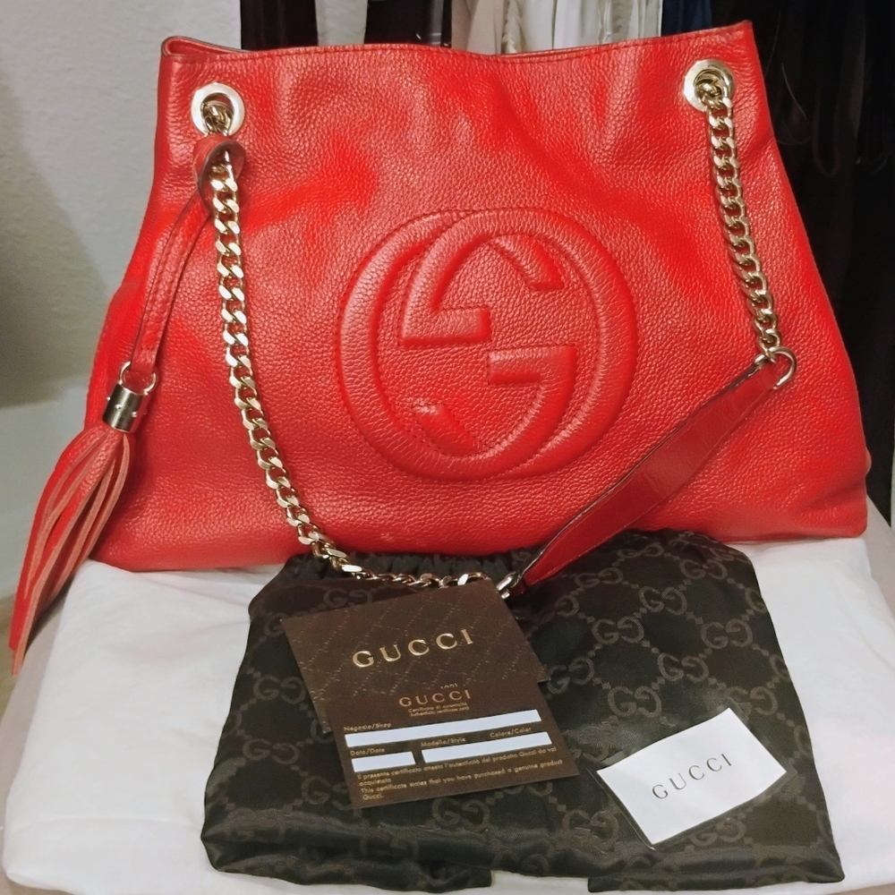 GUCCI Soho Leather Tassel Chain Shoulder Tote Bag Red/3089823086